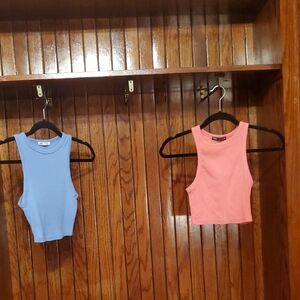 ZARA Blue and Pink Crop Tops SMALL
